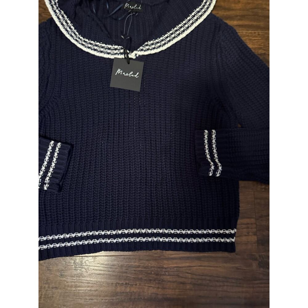 Marled Sailor Collar Knit Sweater Navy Blue Women's Sz M Chunky Pullover - Picture 2 of 10